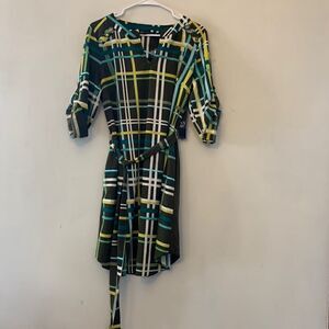 NY & C green checked tie waist rollable sleeve dress Size M NWT